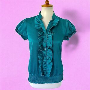 Vintage Y2K Satin-Like Button Down Blouse Ruffles Top Shirt Teal Green M Medium